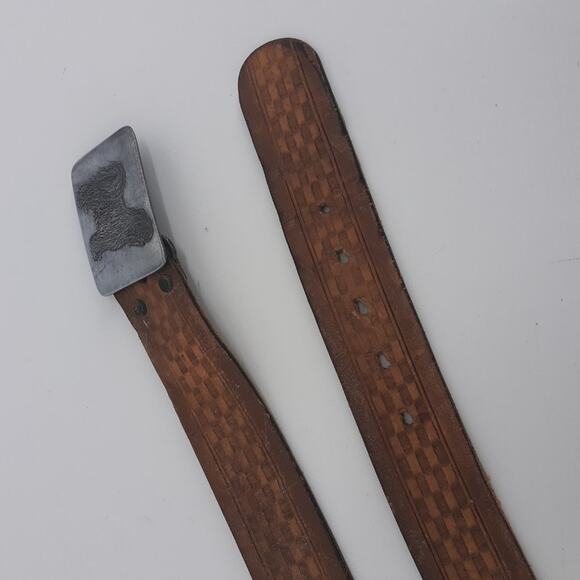 Men's Tooled Brown Leather Belt Basket Weave Shaggy Dog Buckle Old English Sheep - Picture 6 of 13